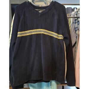 Tommy Hilfiger Navy Blue V-Neck Sweater with Yellow and Gray Stripe XL